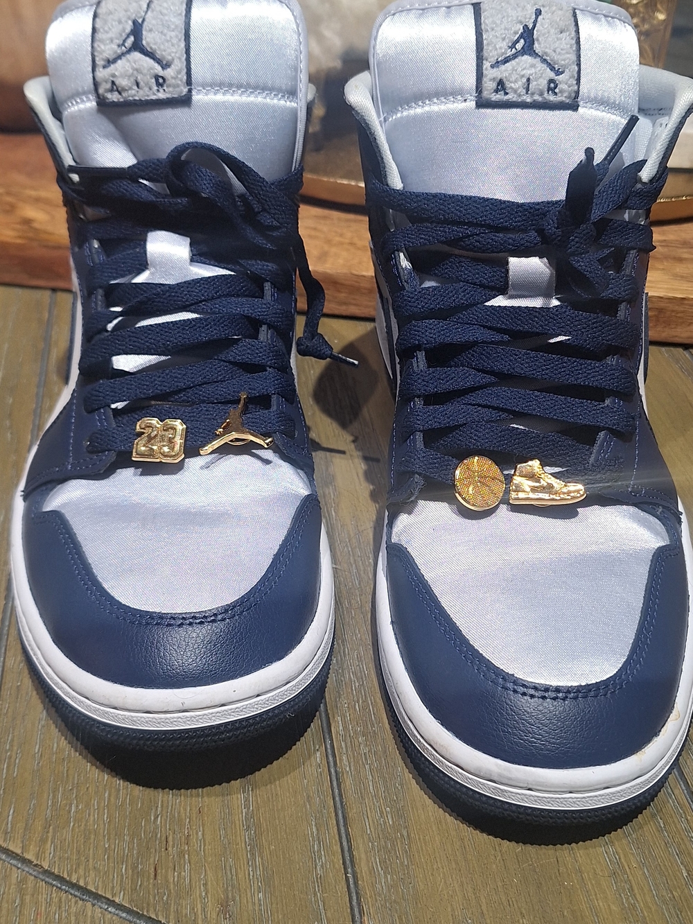 Jordan Navy and White High-Top Sneakers with Gold Lace Charms